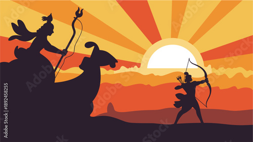 Lord Krishna playing flute in forest with cows against bright sun and rural huts