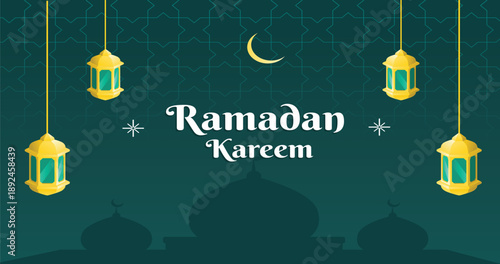 ramadhan kareem banner design with golden laterns mosque