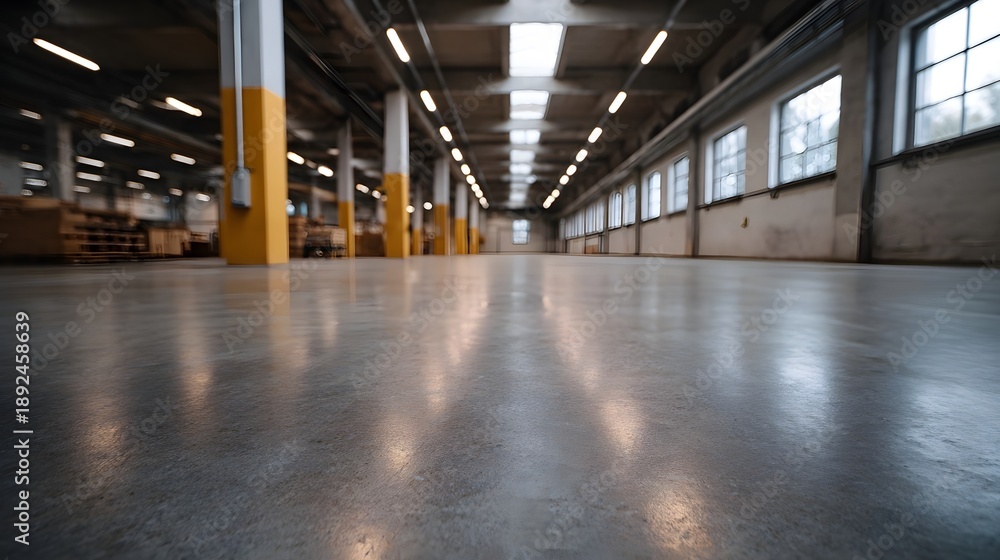 Naklejka premium Vast empty industrial warehouse interior with polished concrete floor and bright lighting