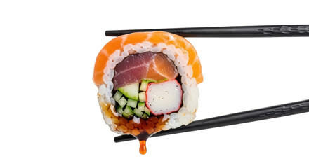 Delicious sushi roll with salmon and tuna isolated PNG, traditional Japanese cuisine held by chopsticks on transparent background