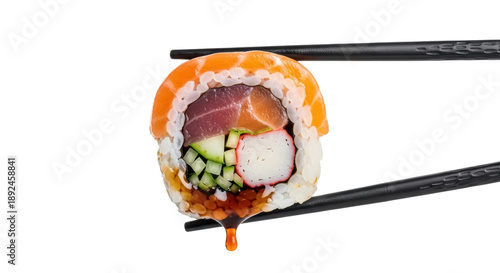 Cuadro en lienzo Delicious sushi roll with salmon and tuna isolated PNG, traditional Japanese cui