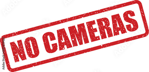 Red textured rubber stamp clearly indicating the vital restriction NO CAMERAS on a clean white surface