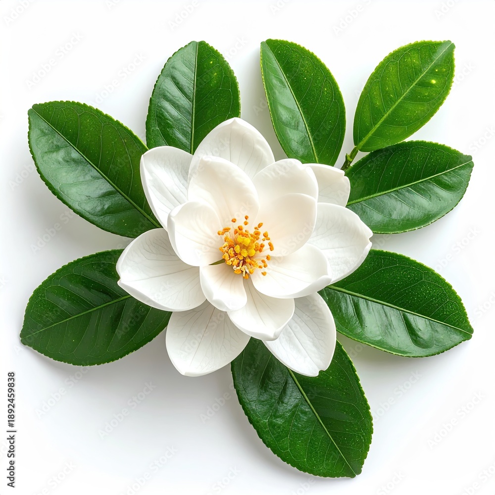 Fototapeta premium White flower with green leaves, symmetrical, on white background