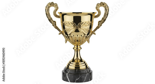 Foto Golden trophy cup isolated PNG, award prize for winner of competition or champio