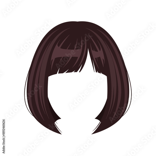 Illustration of a woman's head with dark hair and bangs from the front viewpoint