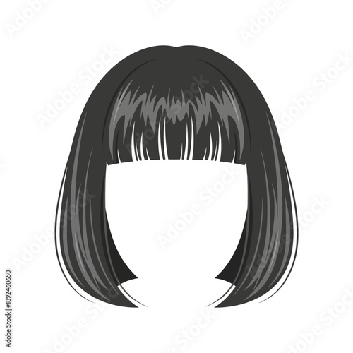 Illustration of a woman's hairstyle with straight black hair and bangs from the front view