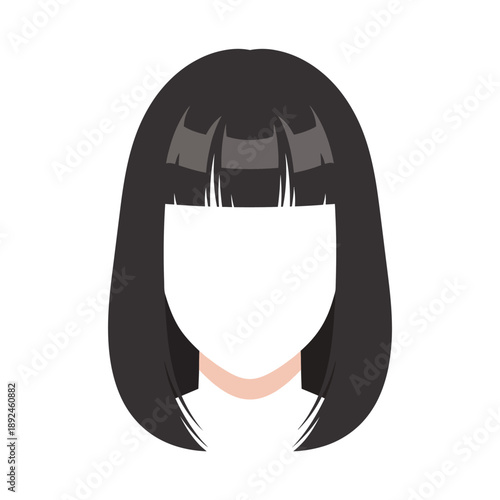 Illustration of a faceless woman with black hair and bangs from the shoulders up viewpoint