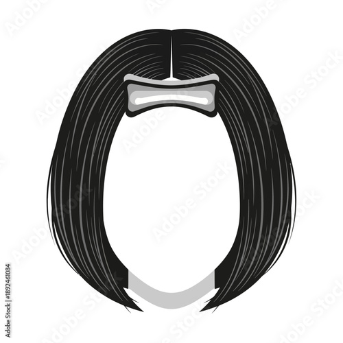 Illustration of black hair with silver bow clip on transparent background