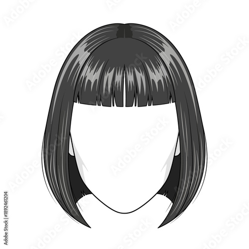 Illustration of a woman's hairstyle with bobbed hair and bangs from a front view
