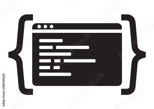 A black monitor framed by curly braces representing coding and development silhouette
