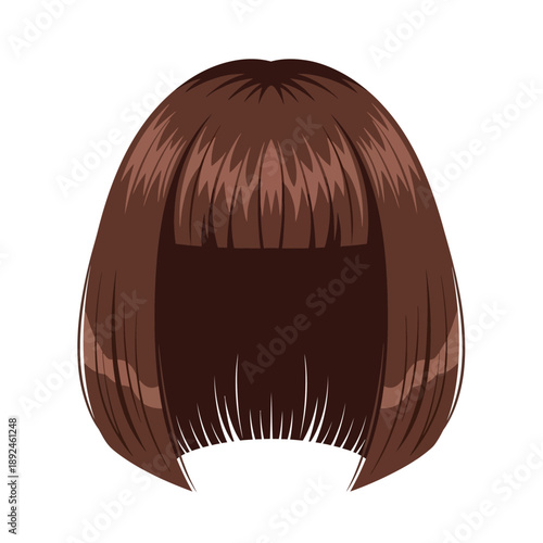 Illustration of a woman's brown hair with bangs from behind, showcasing hairstyle and texture, in a simple style.