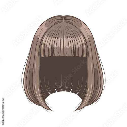 Illustration of a woman's hair with bangs and layered cut from behind