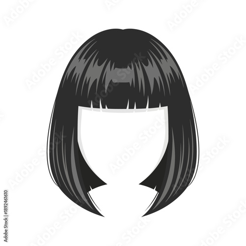 Illustration of a woman's head with black hair and bangs from a front viewpoint