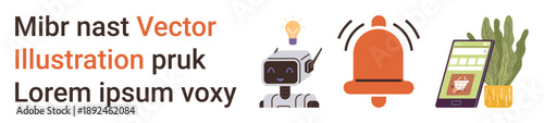 Technology innovation, digital alerts, robotic advancements, smart devices, creative design, futuristic . A robot, notification bell and smart device are . Technology innovation and digital alerts