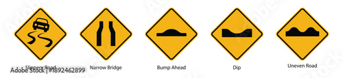 yellow road warning sign set slippery surface narrow bridge bump dip uneven pavement