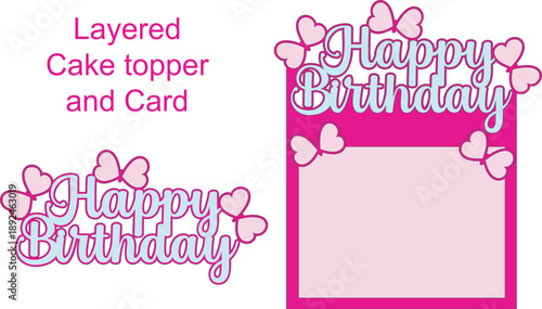 Happy Birthday Card and Cake topper with butterfly, Layered cut-out greeting card and decoration