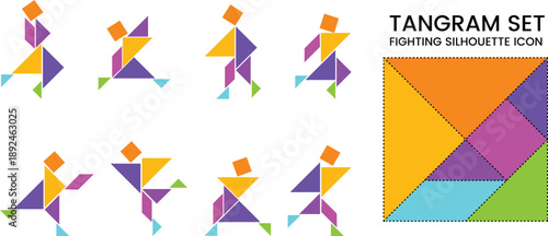 Tangram Puzzle Set with 10 Color Shapes – Creative Fighting People Figures Vector Illustration