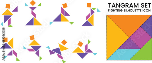 Tangram Puzzle Set with 10 Color Shapes – Creative Fighting People Figures Vector Illustration