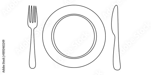 Minimalist black and white line drawing of a formal table setting with cutlery and plate Vector, illustration