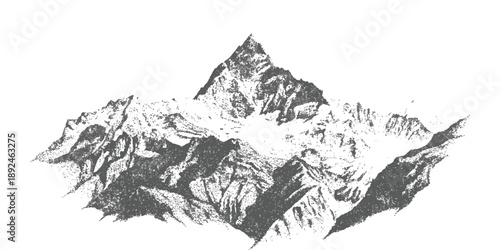 Vintage monochrome stipple art illustration of a rugged mountain range with prominent snow-covered peaks