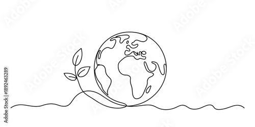 Continuous line drawing of a small plant growing next to the earth globe, symbolizing ecology and sustainability Vector, illustration