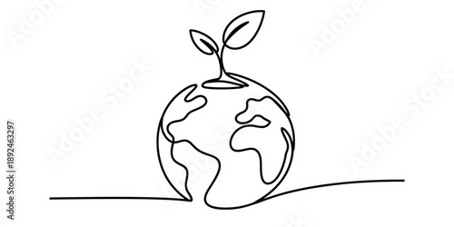 A continuous single line drawing of a plant growing out of the globe symbolizing environmental care Vector, illustration