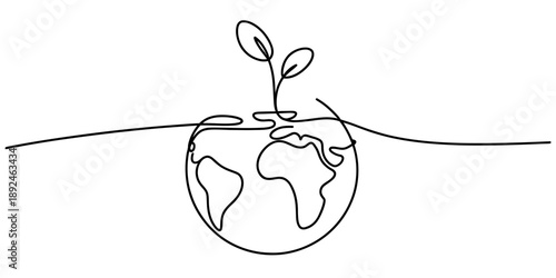 A continuous line drawing of a plant growing from the earth, symbolizing growth and environmental care Vector, illustration