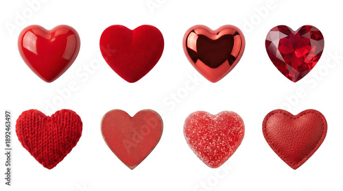 Red heart set including glossy plastic, velvet, metallic, gemstone, knitted, wooden, candy, and leather variants isolated. Valentine's Day symbol collection.