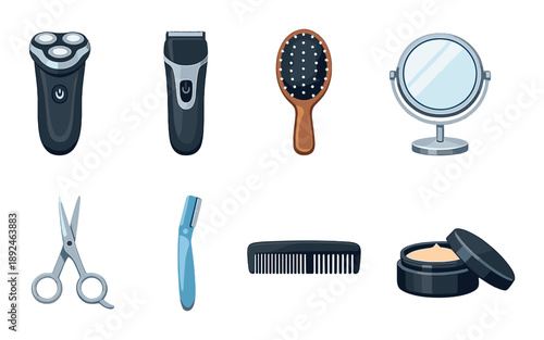 Collection of grooming tools: electric razors, hairbrush, mirror, scissors, comb, cream