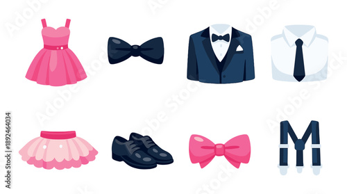 Elegant formal attire icons with dresses and suits for women and men
