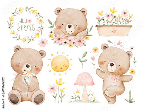 Watercolor Illustration Set of Bear and Flowers in Spring Season