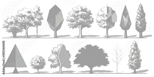 Collection of black and white tree illustrations featuring diverse styles like hand-drawn sketches, modern geometric shapes, and silhouettes for design projects
