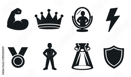 Black icon set featuring trophy, shield, crown, and mirror with spotlight