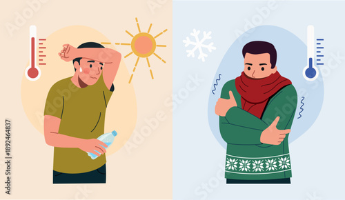 Hot and Cold Weather Contrast, Man Feeling Heat and Freezing Temperature, Climate and Temperature Difference Concept. Vector cartoon flat style illustration
