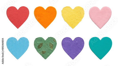 Heart shape set including red orange yellow pink blue green purple and teal textured paper crafts isolated. Valentines day and love symbol collection.