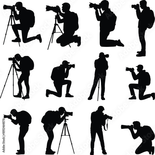 Photographer silhouettes set with camera and tripod, professional photojournalist poses illustration isolated on white background, photography concept vector
