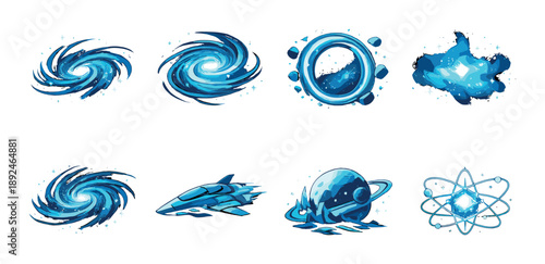 Glowing blue cosmic icons featuring galaxies, portal, spaceship, and atom