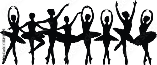 Ballet dancer silhouettes set performing classical poses, elegant ballerina group illustration isolated on white background, dance art concept vector