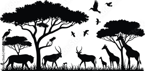African safari wildlife silhouettes with animals and trees, savanna landscape illustration isolated on white background, nature conservation concept vector