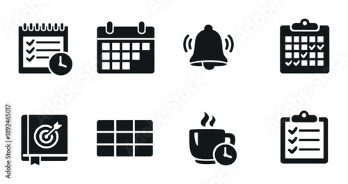 Dark mode productivity icons: calendar, checklist, planner, bell, grid, coffee, target, clipboard
