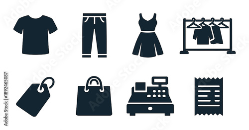 Shopping icons: apparel, tags, and checkout symbols on dark background
