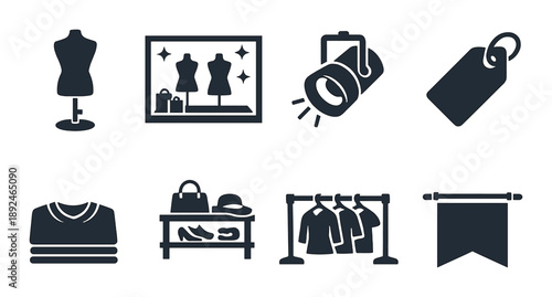 Fashion store display elements: mannequin, spotlight, tags, wardrobe icons