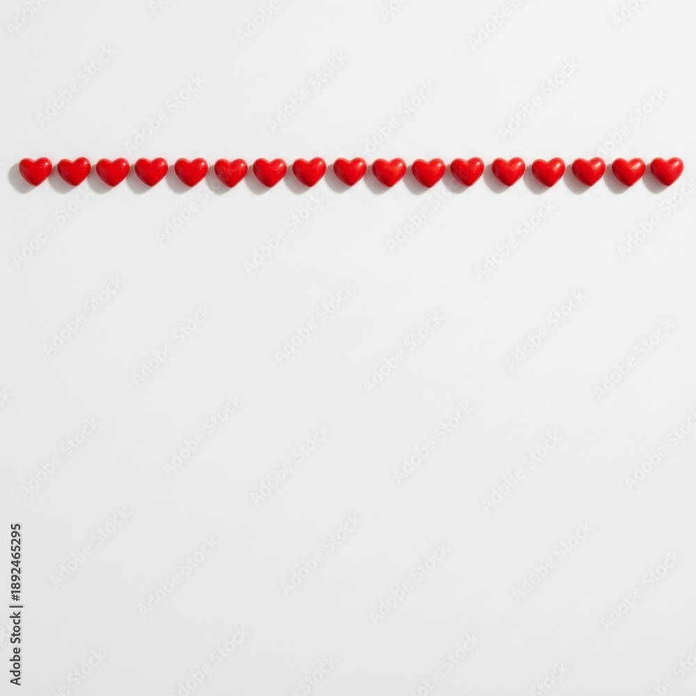 Fototapeta premium Row of small red hearts on white background for love and Valentine's Day concepts