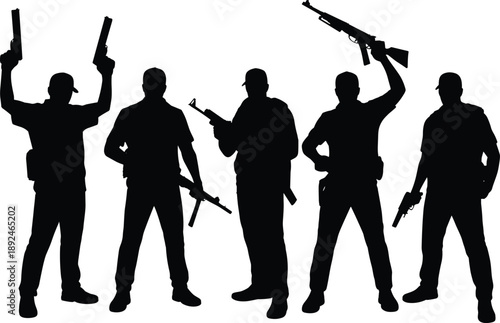 Armed men silhouettes holding guns and rifles, military or criminal group illustration isolated on white background, security conflict concept vector