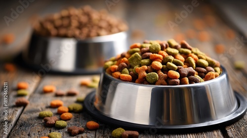Dog Food in Bowls on Wood Surface
