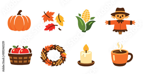 Autumn symbols: pumpkin, leaves, corn, scarecrow, apples, wreath, candle, coffee