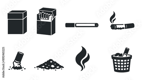 Cigarette icons: pack, smoking, ash, and disposal symbols
