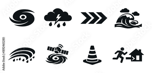 Disaster preparedness icons: hurricane, storm, tsunami, and evacuation symbols