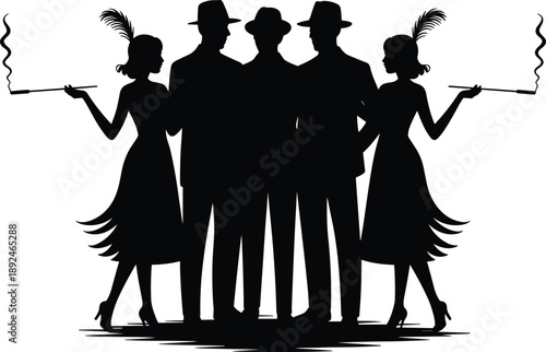 1920s gangster and flapper silhouettes group, vintage mafia people smoking illustration isolated on white background, retro jazz age concept