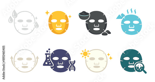 Skincare masks icons representing various facial treatments with different benefits